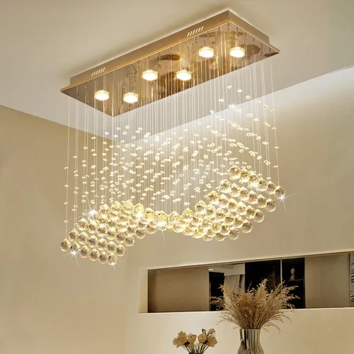 Miniatura 15 de Araña moderna de onda, araña rectangular de cristal con gotas de lluvia, montaje empotrado, lámpara colgante de techo cromada, ideal para comedor