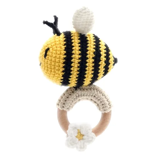 DICHA Crochet Bee Baby Rattle - Juguete sensorial para bebés, ideal para baby shower, incluye anillo de dentición de haya Abeja