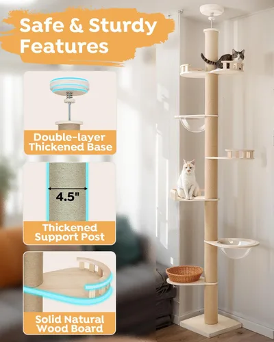 Miniatura 8 de Veehoo Altura del árbol para gatos de piso a techo (106-123 pulgadas), ajustable, resistente y alto con postes rascadores de 4.3 pulgadas de grosor