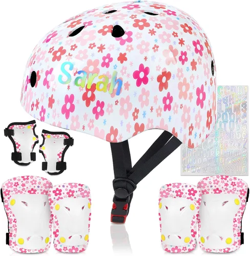 Miniatura 17 de Casco para niños, casco de bicicleta para niños pequeños con pegatinas DIY Unicornio, rodilleras y coderas ajustables, juego de protección para Rosa