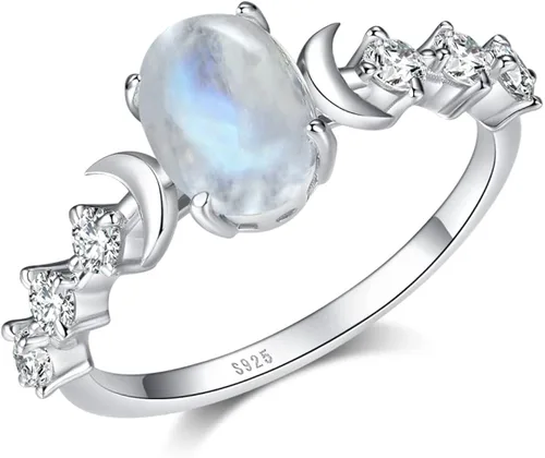 Angol Anillo de piedra lunar auténtica de plata de ley, anillo de fase lunar, ovalado de piedra lunar, circonita cúbica, anillo minimalista para