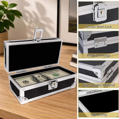 Miniatura 5 de Caja de efectivo con cerradura, caja de dinero de aluminio, almacenamiento de efectivo bloqueable con bandeja
