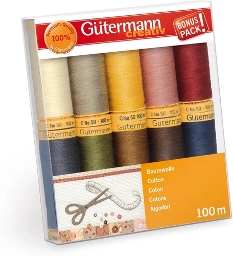 Miniatura 6 de Gütermann 731149-1 Juego de hilos de algodón natural 100 m x 10 carretes, multicolor, surtido
