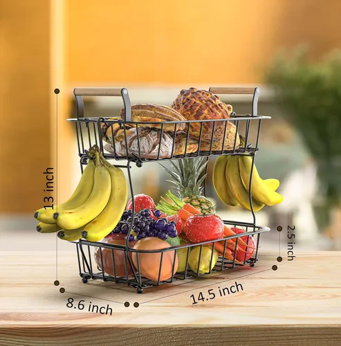 Miniatura 6 de Soporte para colgar plátanos de 2 niveles con 2 perchas, cesta grande de almacenamiento de frutas y verduras