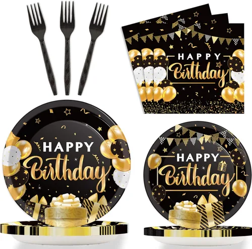 Juego de vajilla para fiesta de cumpleaños de 96 piezas, color negro y dorado, platos y servilletas de fiesta negros, suministros de papel
