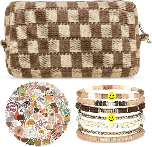 Miniatura 10 de Set de bolsa de maquillaje a cuadros Preppy con 7 pulseras Heishi y 50 pegatinas rosas, linda bolsa de viaje para cosméticos, regalos perfectos