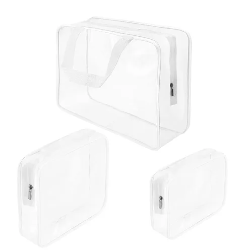 Miniatura 38 de Kit de 3 piezas de bolsas de artículos de aseo de viaje de PVC cristalino para mujeres y hombres, organizador de embalaje de vinilo impermeable