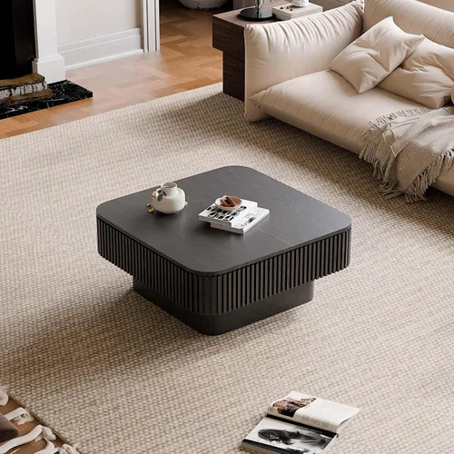 Miniatura 7 de Mesa de café cuadrada pequeña con almacenamiento, mesa de café moderna de madera con chapa de madera maciza, mesa central estriada