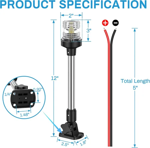 Miniatura 8 de Obcursco Luces de popa de barco, IP67 impermeable, plegable, luz LED blanca de anclaje para lanchas marinas, pontones, pesca, lubinas y Jon