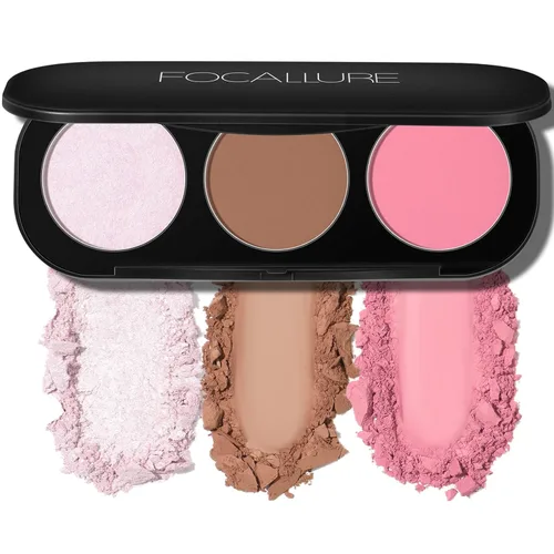 FOCALLURE Paleta de rubor y resaltador, paleta de contorno 3 en 1, polvo bronceador mate libre de crueldad, resaltadores brillantes iluminadores #06