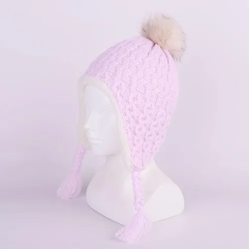 Miniatura 6 de Gorro de punto con solapa para las orejas para bebé, de piel sintética, con pompón, para invierno, cálido, forro polar
