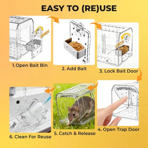 Miniatura 7 de Paquete de 2 trampas humanas para ratones para interiores y exteriores, atrapa y libera trampas para ratones, trampa para ratones que no matan