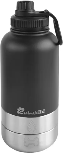 OUT 'N WILD Botella de agua portátil aislada para perros y cuencos – Accesorios de viaje todo en uno, alimentos y líquidos para mascotas, para Negro