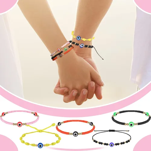 Miniatura 6 de WILLBOND 60 pulseras de ojo malvado pulseras mexicanas con nudo de cuerda pulseras de cuentas ajustables pulseras de eslabones de la suerte