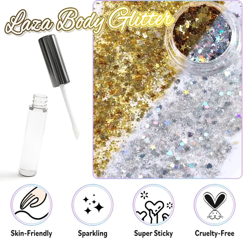 Miniatura 2 de Laza Purpurina corporal, 2 tarros de lentejuelas gruesas holográficas con pegamento de purpurina, perfecto para mujeres, sombra de ojos, maquillaje