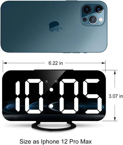 Miniatura 6 de Reloj despertador digital Lamisola, gran pantalla LED con espejo, 2 puertos de carga USB, brillo ajustable automáticamente, relojes modernos