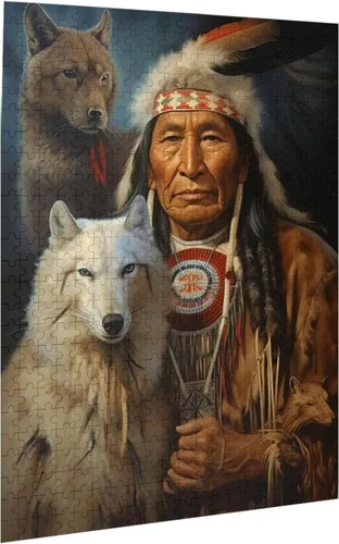 Miniatura 8 de Rompecabezas para adultos de 1000 piezas rompecabezas sentado lobo perro nativo americano indio tradicional formación de tienda de campaña de madera