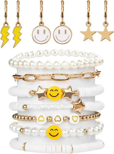 Miniatura 22 de Preppy Heishi - Juego de pulseras de surfista para niñas adolescentes, bonitos aretes estéticos, anillos estéticos preppy coloridos de oro blanco
