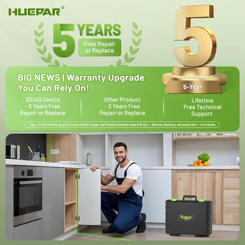 Miniatura 2 de Huepar Nivel láser 3 x 360 Láser autonivelante de línea cruzada Láser láser 3D verde con modo de pulso Herramienta láser de alineación con batería