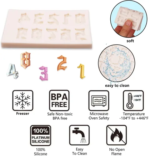 Miniatura 3 de Moldes de silicona de chocolate, 0-9 números de silicona para fondant para decoración de alfabeto de pastel de cumpleaños 2 moldes de chocolate