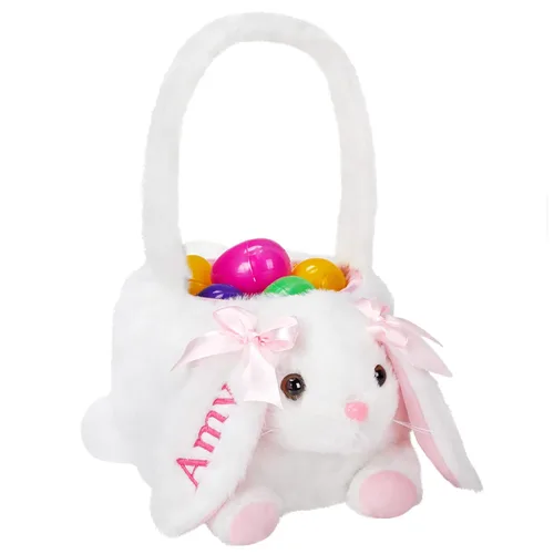 Miniatura 8 de Cesta personalizada de conejo de Pascua de 15 pulgadas con nombre bordado, cesta de caza de huevos de Pascua de felpa para regalos de decoración