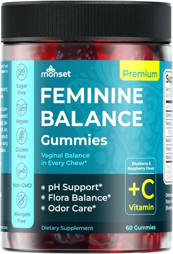 MONSET Gomitas de equilibrio femenino para mujeres, probióticos vaginales para mujeres, equilibrio de pH y control de olores, prebióticos y