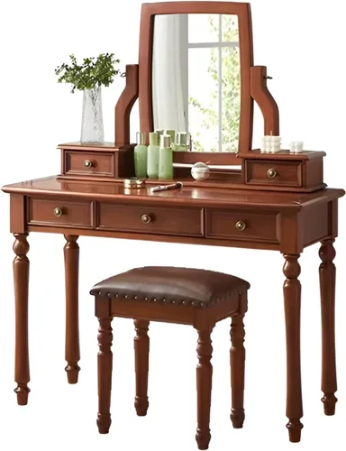 39.4in Vintage Vanity Desk with Adjustable Angle Mirror, Wooden Dressing Table Set for Bedroom with 5 Drawers, Cushioned Stool