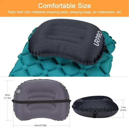 Miniatura 2 de Almohada inflable ultraligera de viaje para campamento, compresible, compacta, cómoda, ergonómica, para cuello y campamento de apoyo lumbar, Negro