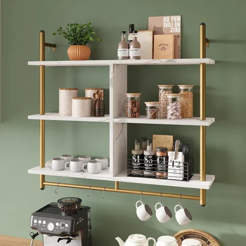 Miniatura 10 de Bestier Estantes Flotantes de Cocina de 41" Montados en Pared de 3 Niveles Barra de Café Estante para Tazas Colgante con 8 Ganchos Exhibidor