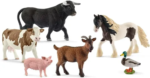 Schleich Farm World Farm Animals - Juego de figuras de animales de granja, vaca, toro, cabra, pato y cerdo, 6 piezas realistas y duraderas, regalo