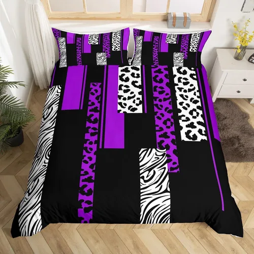 Miniatura 7 de Juego de ropa de cama con estampado de cebra de leopardo, tamaño Queen, para niños, color verde azulado, blanco, negro, juego de funda de edredón
