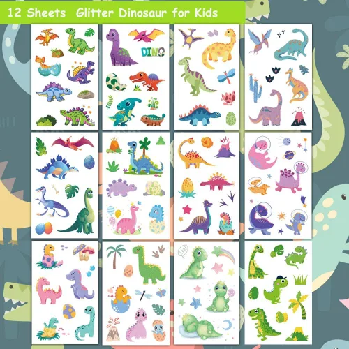 Miniatura 2 de Tatuajes temporales de dinosaurios con purpurina para niños y niños, 12 hojas de tatuajes de dinosaurio con purpurina para niños y niños