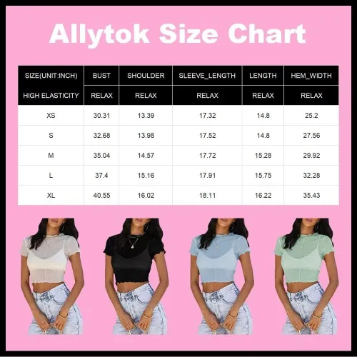 Miniatura 6 de Allytok Camisetas cortas de malla para mujer, de verano, manga corta, cuello redondo, transparente, Y2K