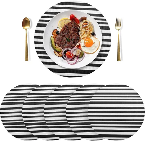 Miniatura 3 de Black White Stripes PVC Plate Mat, Washable Non Slip Heat Resistant Placemats for Kitchen, Set of 6