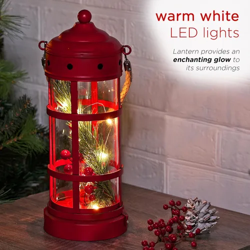 Miniatura 6 de Alpine Corporation Farol de Navidad de metal y vidrio de 13 pulgadas de alto con 8 luces LED blancas cálidas, temporizador integrado, decoración