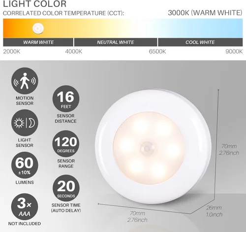 Miniatura 4 de STAR-SPANGLED Paquete de 6 luces con sensor de movimiento de 2.8 pulgadas para interiores, funciona con pilas AAA, luz LED para pegar en escaleras
