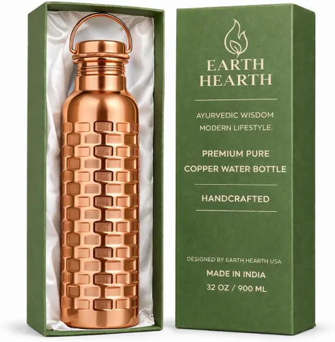 Miniatura 11 de Botella de agua de cobre puro de alta calidad de 32 onzas, diseño martillado, botella ayurvédica a prueba de fugas, hecha a mano, ecológica