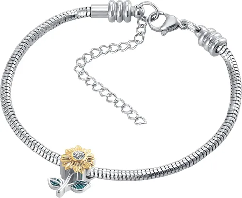 Miniatura 4 de QeenseKc Abalorio de girasol abierto de oro con cuentas de esmalte de flor CZ para Pandora y pulseras europeas