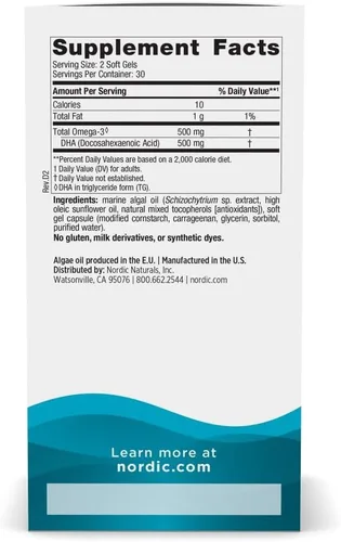 Miniatura 2 de Nordic Naturals DHA de algas – 60 geles suaves – 500 mg Omega-3 DHA – Aceite de algas vegano certificado – DHA a base de plantas – Soporte