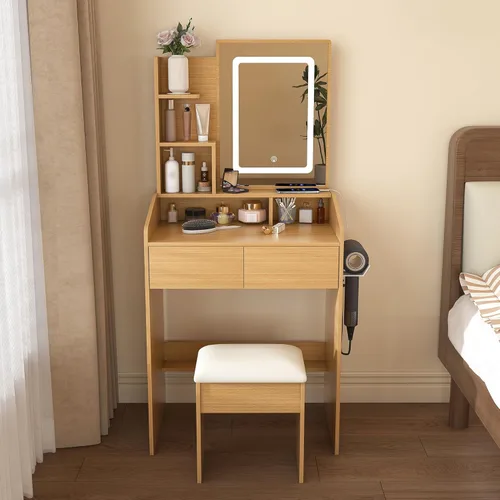 Miniatura 15 de Runboll Small Vanity Desk with Mirror and Lights, Makeup Vanity Table Set with Power Outlet, Drawer Storage, Stool, Adjustable LED Lighting