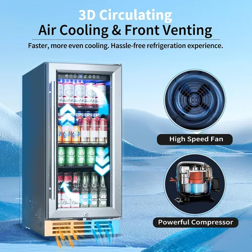 Miniatura 4 de Feelfunn Refrigerador de bebidas de 15 pulgadas bajo mostrador – Refrigerador de bebidas de 126 latas con puerta de vidrio para cerveza, vino y soda