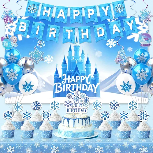 Decoraciones de fiesta de cumpleaños de Frozen, suministros de fiesta de copos de nieve de invierno con pancarta de feliz cumpleaños, telón de