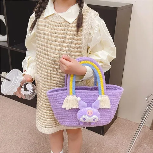 Miniatura 4 de Kuromi - Bolso de paja con borla para viajes de niños, Púrpura