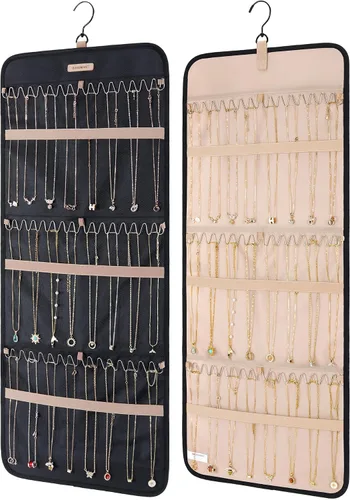 Miniatura 13 de Organizador de joyas colgante BAGSMART con rollo de almacenamiento y ganchos metálicos, soporte doble para aretes, collares, anillos en el armario