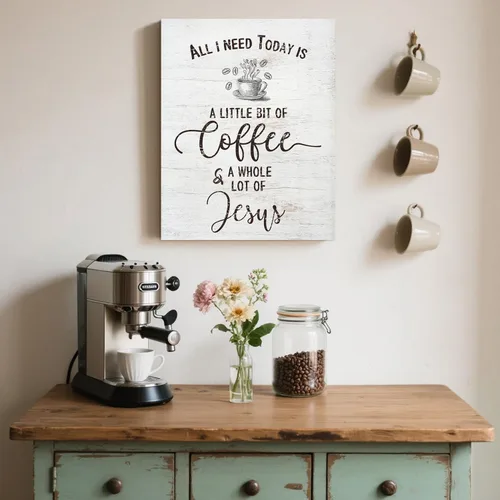 Miniatura 3 de Letrero inspirador de café cristiano, decoración de cocina de granja, All I Need Today is a Little Bit of Coffee & A Whole Lot of Jesus Quotes