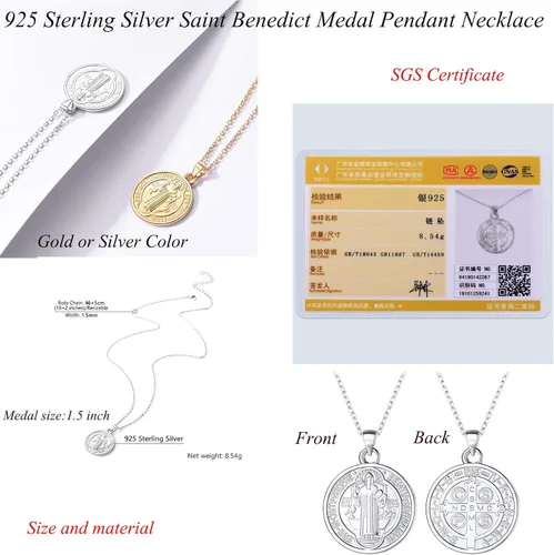 Miniatura 3 de Collar de medalla de San Benito de oro de 18 quilates o acero inoxidable 316L con medalla cristiana sacramental para proteger el mal de la joyería