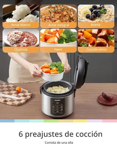 Miniatura 2 de COMFEE - Arrocera 6 en 1 de acero inoxidable, cocina lenta, vaporizador, salteado y calentador, 2 cuartos de galón, 8 tazas cocidas