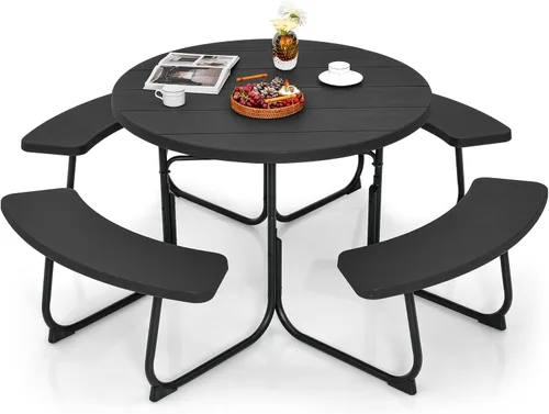 Miniatura 11 de Giantex Juego de mesa de picnic para 8 personas, mesa y banco al aire libre con agujero para paraguas, parte superior de polietileno de alta Verde