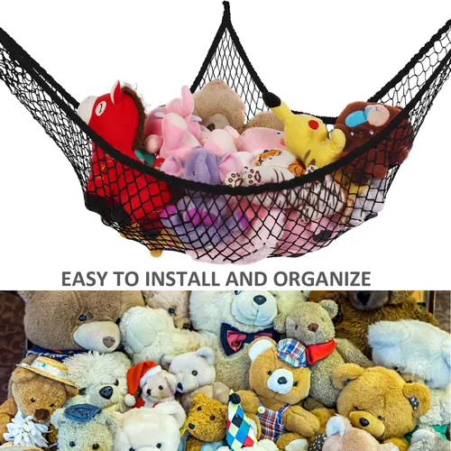 Miniatura 5 de Hamaca de animales de peluche, red de almacenamiento de juguetes jumbo de 83 pulgadas, esquina de pared, organizador de red de juguetes de malla