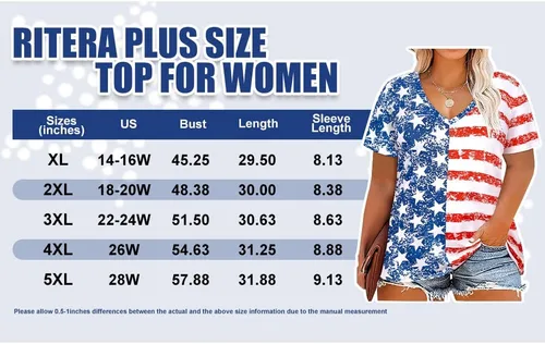 Miniatura 2 de RITERA Camiseta patriótica de talla grande con la bandera estadounidense para mujer, túnica de gran tamaño, bloque de color, cuello en V, camiseta